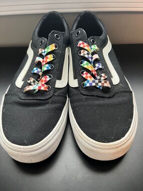 Vans Black and White Low-Top Sneakers with Rainbow Pride Details